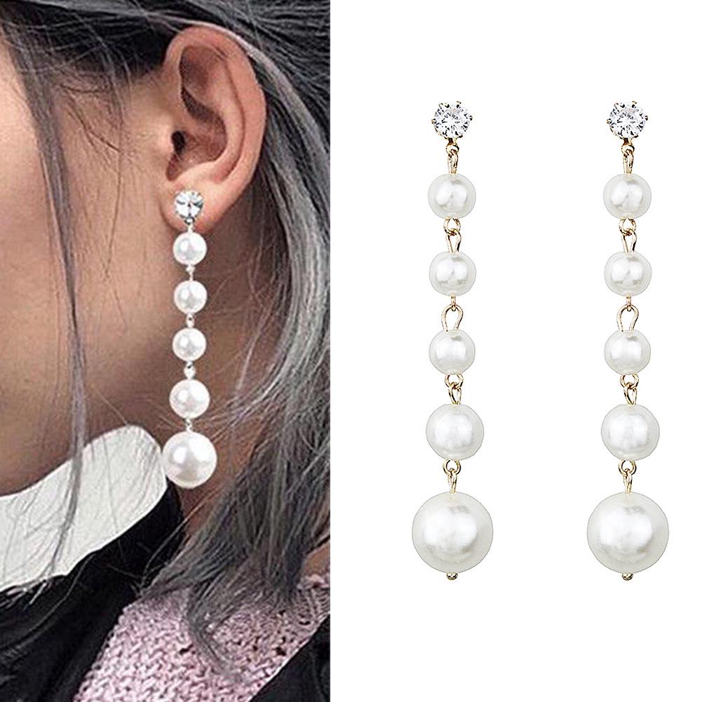 Fashion Women Elegant Big Pearl Long Tassel Dangle Earrings Crystal Stud Drop Jewelry