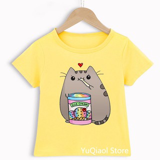 เสื้อยืด พิมพ์ลายแมว Pusheen น่ารัก แฟชั่นฤดูร้อน สีชมพู สีเหลือง สีฟ้า สีเขียว สําหรับเด็กผู้ชาย และเด็กผู้หญิง