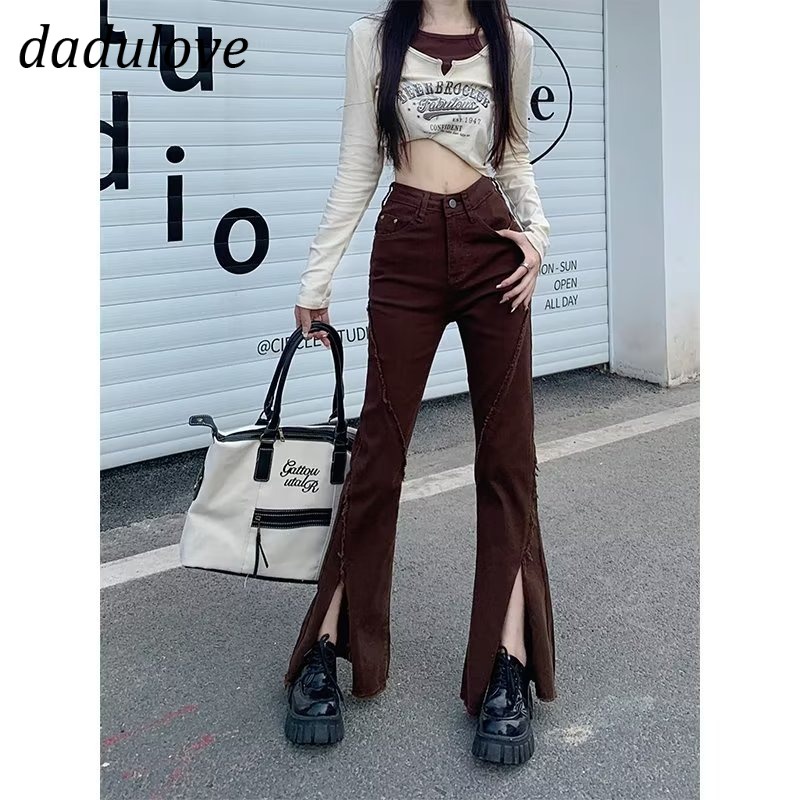 dadulove-new-korean-version-ins-slit-ladies-flared-pants-high-waist-loose-stitching-jeans-fashion-womens-clothing