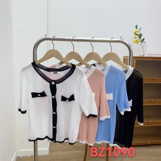 Cici(NO.BZ1090)เสื้อไหมพรมแขนสั้น กระดุมเพชรเรียบหรู คุณหนุสุดๆ