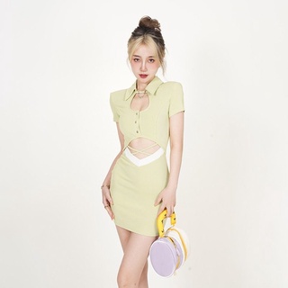 [Summer of Lime] Hot girl sexy tight waist bag hip hollow color matching dress women s new summer