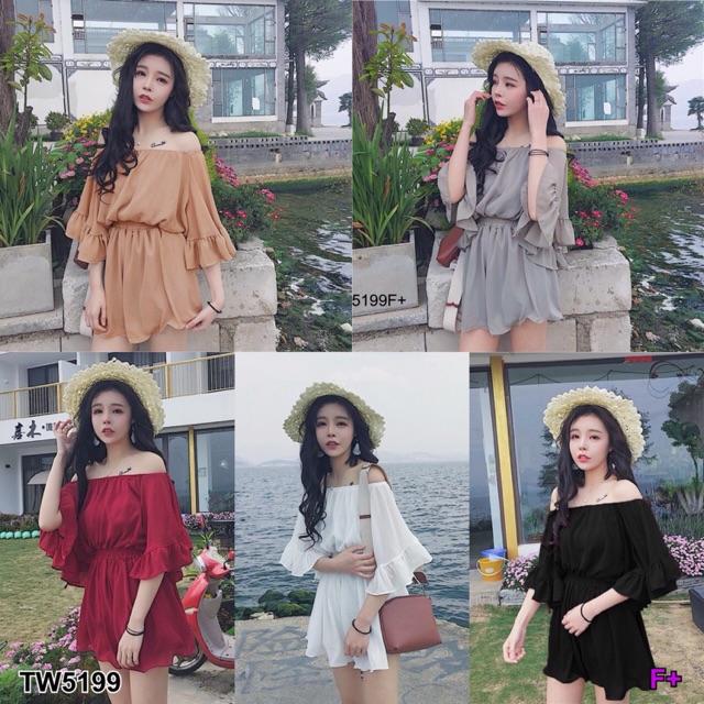จั๊มสูทขาสั้น-ทรงปาดไหล่ผ้าชีฟอง