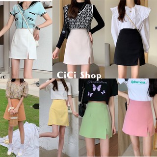 ราคาและรีวิวCicishop(215)กระโปรงสั้นทรงเอ ผ่าหน้าเอวสูง ซิปหลัง มีซับในเป็นกางเกง สีพาสเทลสุดน่ารัก