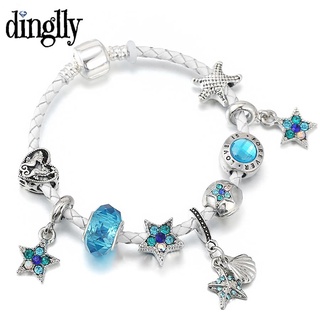 Dinglly สร้อยข้อมือหนังถัก สีฟ้า สไตล์มหาสมุทร สําหรับผู้หญิง โบฮีเมียน ปลาดาว ม้าน้ํา ลูกปัด ดาว เสน่ห์