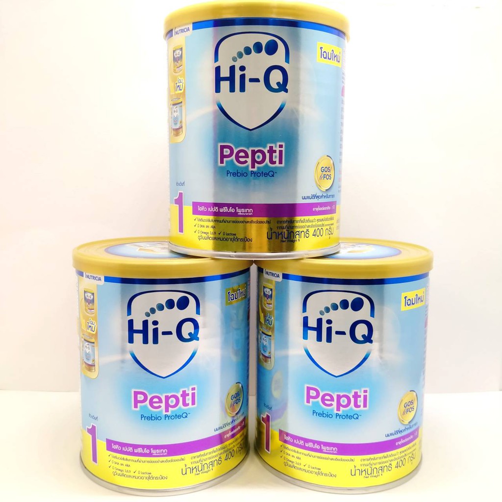 ภาพหน้าปกสินค้าDumex HiQ Pepti ไฮคิวเปปติ นมผงสำหรับเด็กแพ้โปรตีนนมวัว ขนาด 400 กรัม ( 3 กระป๋อง )