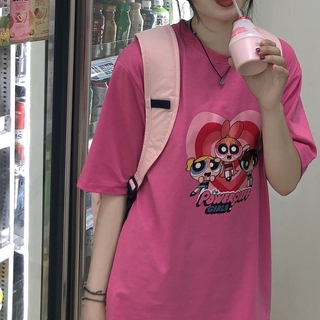 สาวญี่ปุ่นแขนสั้นหญิงหลวมPowerpuff Girlsการ์ตูนพิมพ์ฤดูร้อนใหม่Tเสื้อเพิ่มขึ้นเสื้อแดงน้ำ