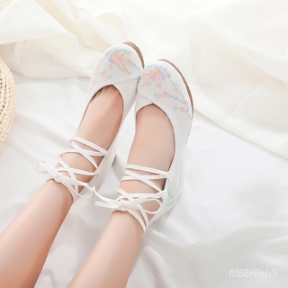 รองเท้าจีนหญิงโบราณและสง่างามกับรองเท้าHanfuเพิ่มขึ้นลมแห่งชาติสไตล์จีนย้อนยุคลิ่มสีขาวรองเท้าปัก