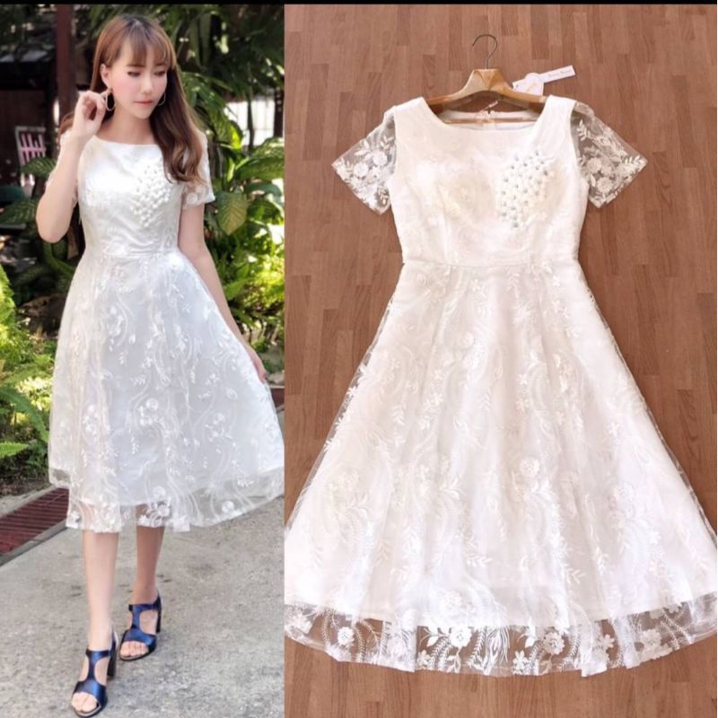 ชุดราตรีสั้น-m-l-dress-เดรสสีขาวผ้าปักลูกไม้สวยหรู-งานป้าย-love-love