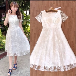 ชุดราตรีสั้น!!! M-L Dress เดรสสีขาวผ้าปักลูกไม้สวยหรู งานป้าย Love Love