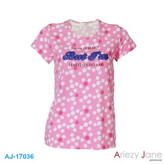 Ariezy Jane AJ-17036 เสื้อยืดคอกลมแขนสั้นสีชมพูลายจุดขาว มีลายปัก ผ้า 100%cotton