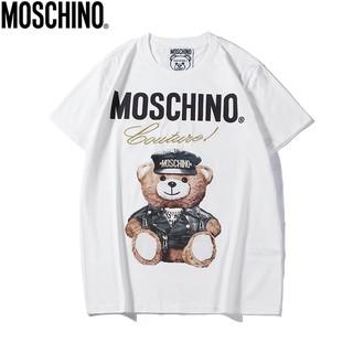 Moschino ผ้าฝ้ายพิมพ์ใหม่เย็บปักถักร้อยแขนสั้นรอบคอเสื้อยืดสำหรับชายและหญิง