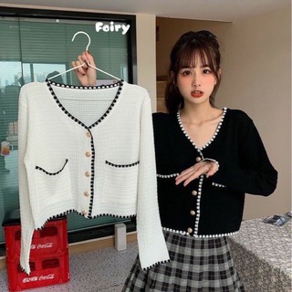 Fairy_shop 💋พร้อมส่ง💋 #ผ้าไหมพรมถักเเขนยาว6563-1​# แต่งกระเป๋า2ข้าง​# เสื้อเกาหลี#💋