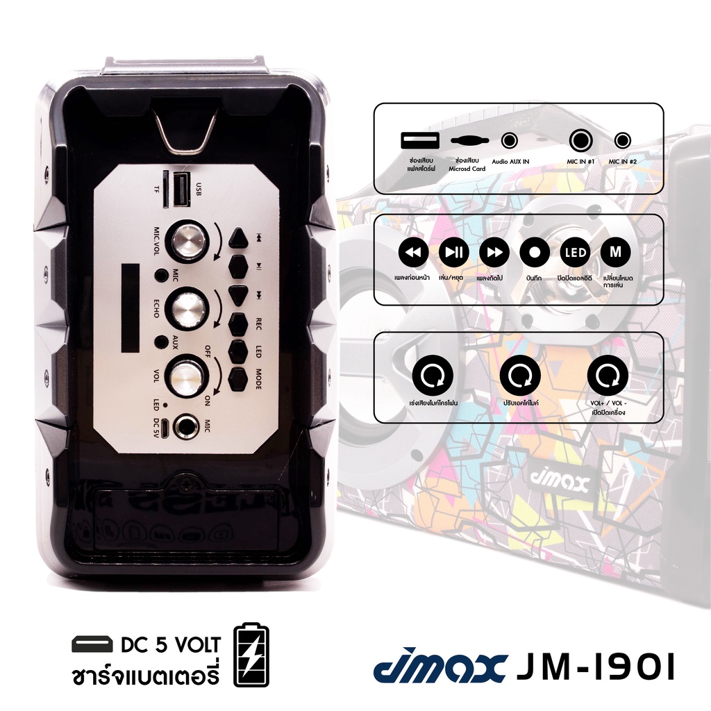 ภาพสินค้าJMAX-1901 ลำโพงบลูทูธ ลายกราฟฟิคเท่ ทันสมัย พร้อมเสียงดัง เบสคู่แน่น 20W พร้อม Battery ในตัว 1500MAH มีไมค์ ลำโพง1ดอก จากร้าน jmphone บน Shopee ภาพที่ 6