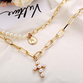 สินค้า Fashion Vintage Pearl Gold Necklace Chain Cross Wafer Multi-layer Women Necklaces Accessories
