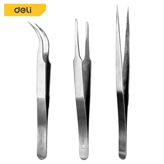 Deli สแตนเลส ปากคีบ ปลายตรง ปลายงอ คีมหนีบอเนกประสงค์ คีมหนีบด้าย คีบต้นกล้า Tweezers