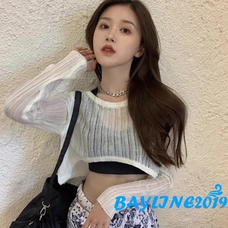 BAY-Women Summer Bikini Cover Up, Solid Color Long Sleeve Round Neck Cutout Sheer Knitted Cropped Tops Beachwear