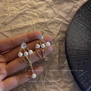 925 silver needle diamond pearl tassel earrings wind parachute design earrings Korean temperament earrings women for gir