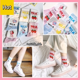 🌈พร้อมส่ง🍪ถุงเท้าข้อกลาง ลายนม Milk strawberry🍓 Banana🍌🔻อ่านใต้ภาพก่อนสั่ง❌ไม่มีเก็บปลายทาง