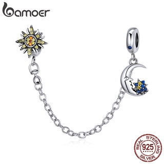 bamoer The Whole Universe 925 Sterling   Silver Round Safety Chain Sun Moon Stopper  Charm fit  Bracelets DIY Jewelry  SCC1763