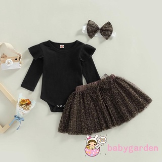 Babygarden-0-18months ชุดรอมเปอร์แขนยาว ผ้าถัก ลายเสือดาว และกระโปรงตาข่าย และที่คาดผม สีพื้น สําหรับเด็กผู้หญิง 3 ชิ้น