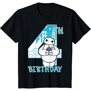 เสื้อยืดผ้าฝ้ายพรีเมี่ยม เสื้อยืด พิมพ์ลายดิสนีย์ Big Hero 6 Baymax 4th Birthday Cupcake Portrait