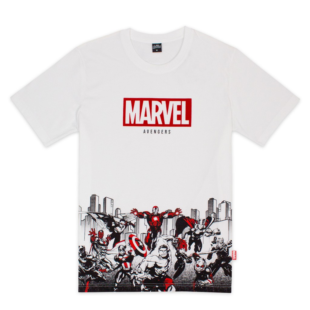 marvel-men-flock-print-logo-t-shirt-เสื้อยืดผู้ชายลายโลโก้อเวนเจอร์พิมพ์กำมะหยี่-สินค้าลิขสิทธ์แท้100-characters-studio