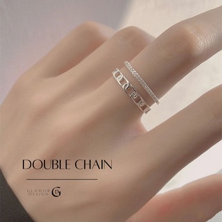 GLAMOR✨แหวนเงินแท้ DOUBLE CHAIN ฝังเพชร สีไม่ลอก แหวนเพชร cz แท้ แหวนแฟชั่น แหวนผู้หญิง แหวนเพชรแถว แหวนปรับขนาดได้