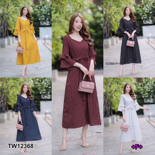 AK 12368 Dress เดรสคอเหลี่ยม แขนระบาย 2 ชั้น