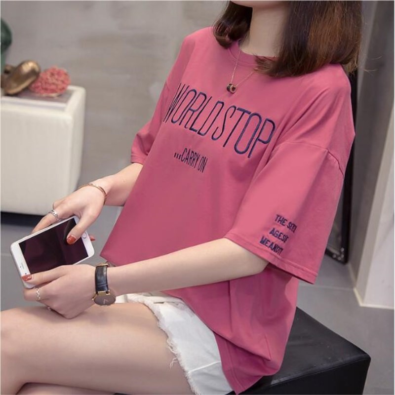 fbashop-ไซส์ใหญ่-เสื้อยืดสีพื้นงานปักตักอักษร-ดีเทลสบายๆไม่หวือหวา-เหมาะสำหรับสาวๆที่รักความเรียบง่าย-ใส่ได้ทุกวัน