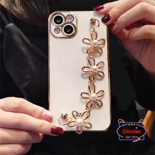เคสโทรศัพท์มือถือ ซิลิโคนนิ่ม ปิดด้านหลัง ลายดอกไม้ ประดับมุก พร้อมสายคล้องมือ สําหรับ Vivo V19 India V23 V23E V21 V21E 4G V20 SE Y15S V15