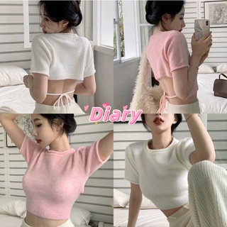 diary(V080)เสื้อครอปไหมพรมขนๆ แขนสั้น คอกลม ดีเทลสายผูกเอว ว้าวหลัง