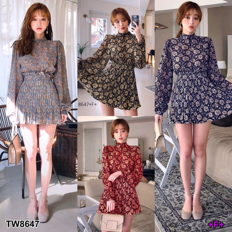 set-เสื้อคอปีนแขนยาว-พิมพ์ลายดอกไม้-กระโปรงระบายอัดพลีท