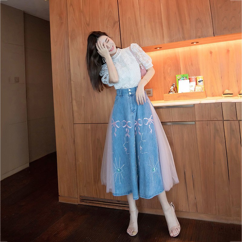 พร้อมส่ง-skirt-womens-new-high-waist-umbrella-skirt-long-gauze-skirt-embroidery-mesh-half-length-denim-skirt