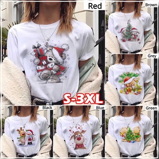 ⚡️ พร้อมส่ง⚡️ New Lovely Deer T Shirt Harajuku Women Christmas Printed Short Sleeve T-shirt Suitable All Seasons