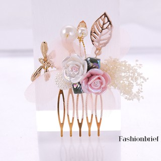 ❤ Elegant Pink White Pearl Crystal Hair Comb Gold Leaf Tiara Headpiece Wedding Bride Hair