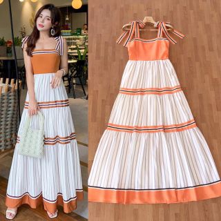 Maxi dress สายเดี่ยวผูกโบว์ช่วงไหล่ เชคก่อนสั่ง📌