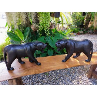 เสือดำ (1 คู่) เสือดำแกะสลัก ไม้แกะสลักรูปเสือ ของตกแต่งบ้าน ร้านอาหาร สัตว์มงคลเสริมฮวงจุ้ย