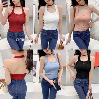 Cicishop(3236)เสื้อไหมพรมสายคล้องคอเว้าหลัง ดีเทลกระดุมกลางทอร่อง