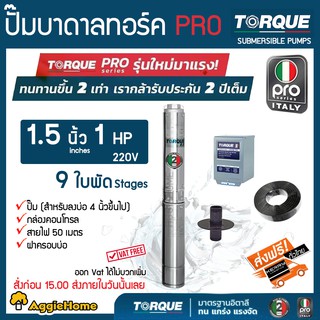 TORQUE (PRO2) ปั๊มบาดาล รุ่น TQ-SP-4BM09-4 (220V.) 1.5นิ้ว 1HP 9ใบ (สายไฟ 3x1.5+ฝาบ่อ1.5นิ้ว+กล่องคอนโทรล) บาดาล