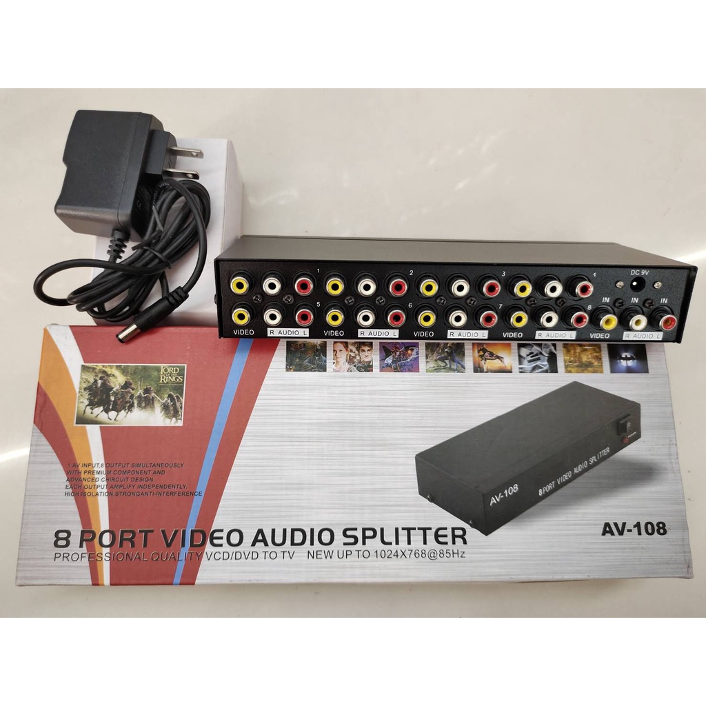 กล่องav-splitter-8-port-input-1-port-output-8-port-adapter-9-v-1เครื่องออก8จอ-av-108-ใช้ดีเเข็งเเรงทนทาน
