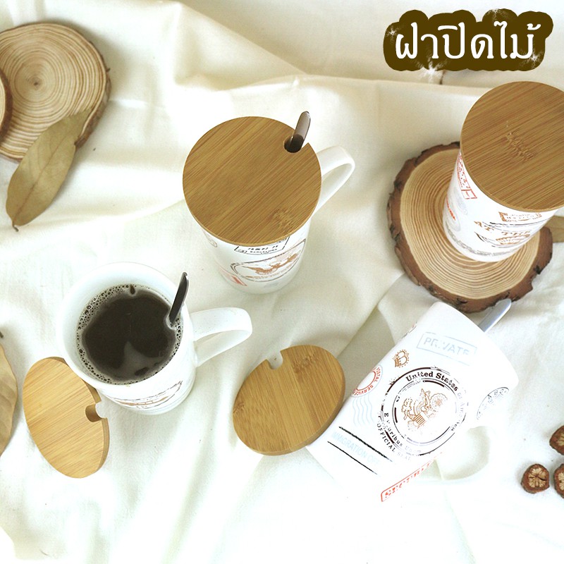 แก้ว-vintage-stlye-ฝาปิดไม้-เซรามิกทนความร้อน-กาแฟ-มีช้อนและฝาปิด