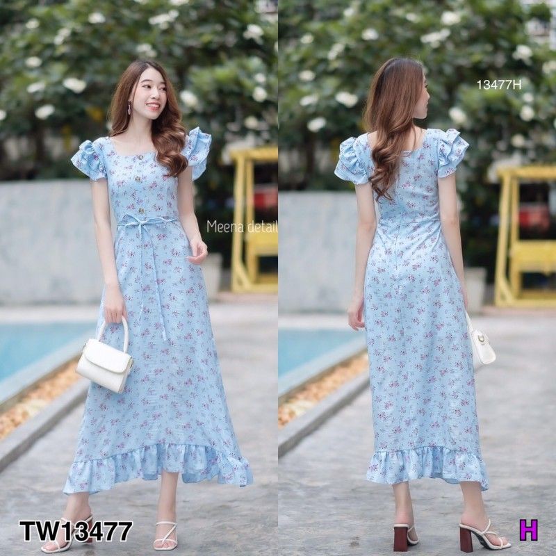 lt-tw13477-gt-maxi-dress-คอเหลี่ยม-แขนระบาย-2-ชั้น-ติดกระดุมหลอกด้านหน้า-เนื้อผ้าด๊อบบี้พิมพ์ลายดอกไม้