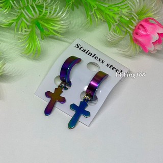 ต่างหู ต้องเจาะหู ตุ้มหู จิว ไม้กางเขน Cross Huggie Earrings for Men Stainless Steel Earing Punk Male Costume Je