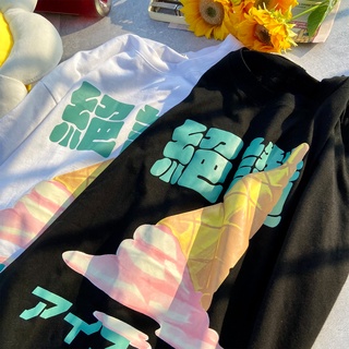 2023เสื้อยืดแขนสั้นทรงหลวมใหม่  403#พิมพ์ไอศครีมเย็นฤดูร้อน    เสื้อยืดเก๋ๆ ใส่ได้ทั้งชายและหญิง