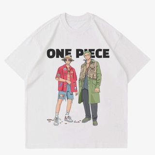 เสื้อยืดสีขาวเสื้อยืด พิมพ์ลาย One PIECE Luffy X Zorro | เสื้อยืด ลายการ์ตูนอนิเมะวันพีช สไตล์ญี่ปุ่น | เสื้อผ้าวันพีช |