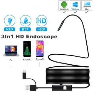 กล้องเอนโดสโคป 6 LEDs 7 มม. 2 ม. 1 ม. ปรับได้ สําหรับ android 3 in 1 USB / TYPE-C / Micro-USB Endoscope Camera