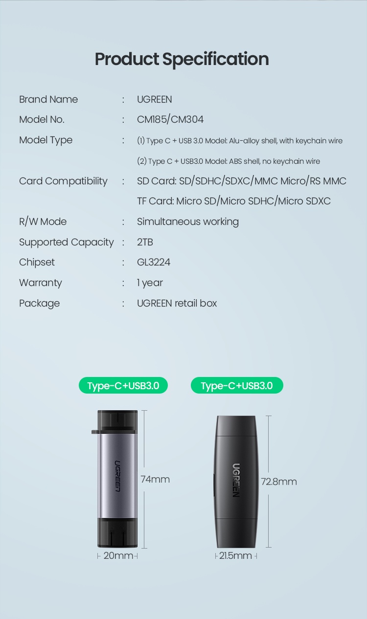 คำอธิบายเพิ่มเติมเกี่ยวกับ Ugreen อะแดปเตอร์การ์ดรีดเดอร์ USB 3.0 512G Type C SD Micro SD TF OTG สําหรับ iPad Air 5 4 iPad Mini 6 Card Reader