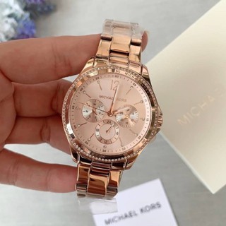 (ผ่อน0%) นาฬิกา Michael Kors Womens Riley Chronograph Rose Gold-Tone Stainless Steel Watch MK6656 39 mm. สีโรสโกลด์