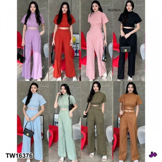 B16376 Set 2 ชิ้น เสื้อแขนสั้นทรงครอป สายผูกโบว์หลัง + กางเกงขายาว Set of 2 pieces, short sleeve crop top. Bow tie at th