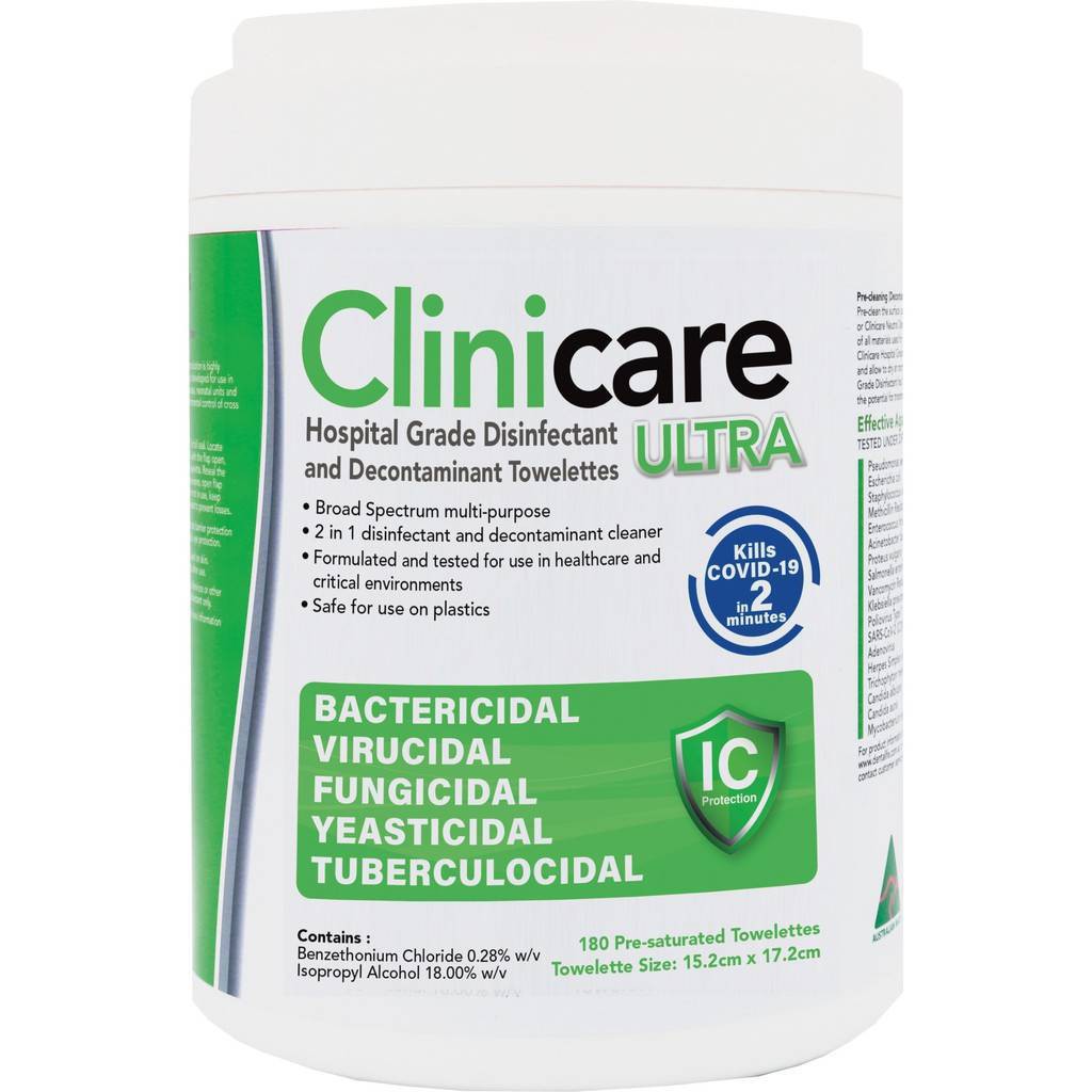 clinicare-ultra-disinfectant-towelettes-แผ่นฆ่าเชื้อ-ทิชชู่เปียก-เอนกประสงค์-180-แผ่น-กระปุก